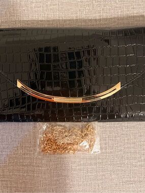 Black Croc-Embossed Patent Clutch with Gold Bar Accent